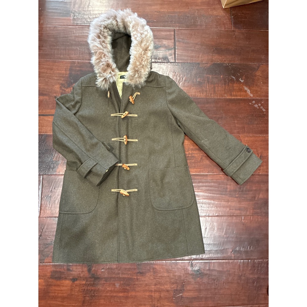 Vintage J.Crew Duffle Coat Women Size 8 Green/Olive Wool Thinsulate Faux Fur